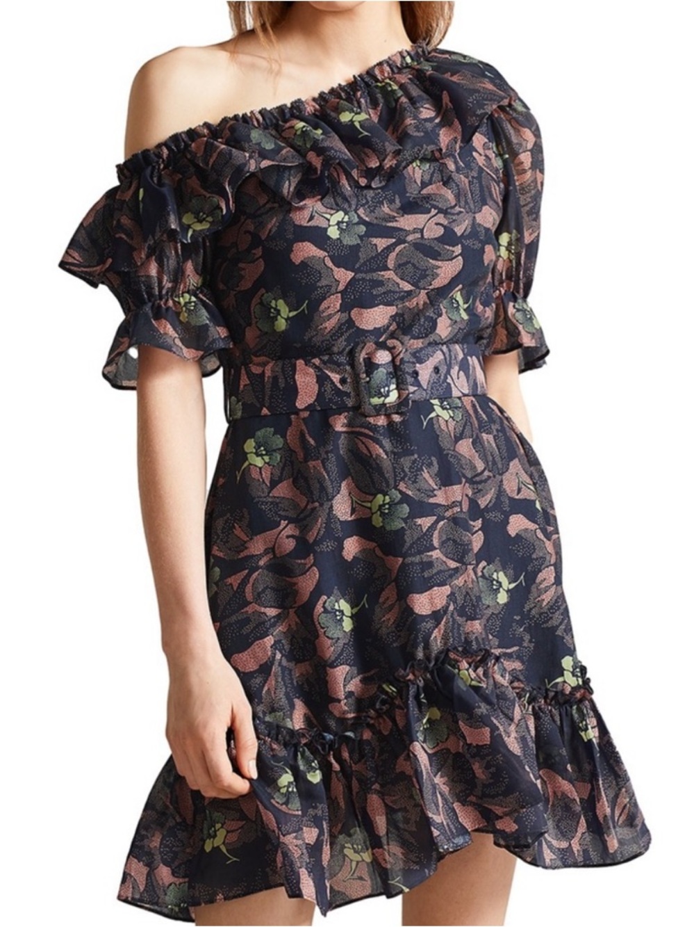Ted Baker Hazpin Asymmetric Off the Shoulder Ruffle Mini Dress Size Medium US 8